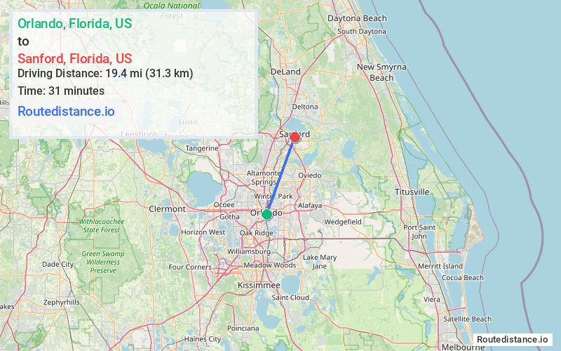 Route map from Orlando to Sanford