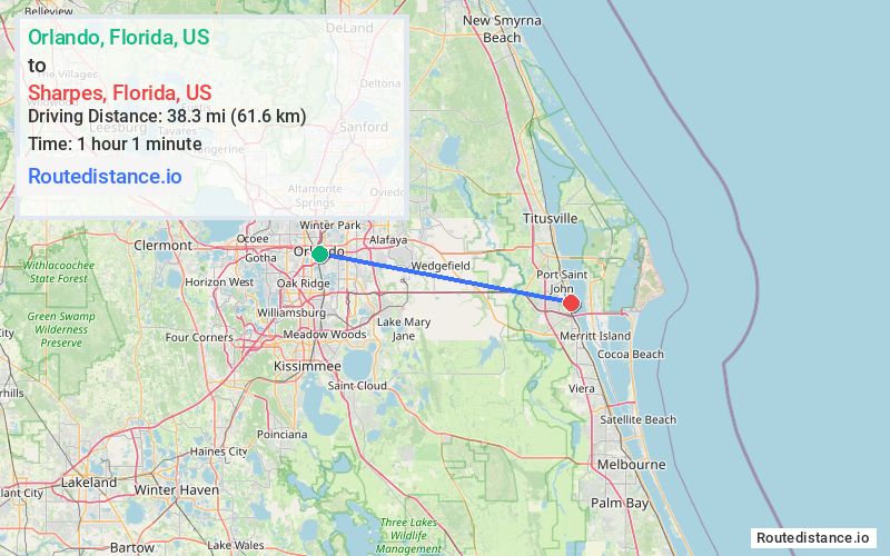 Route map from Orlando to Sharpes
