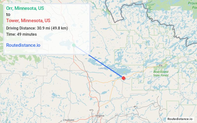 Route map from Orr to Tower