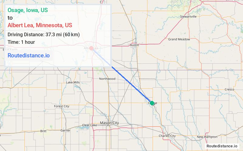 Route map from Osage to Albert Lea