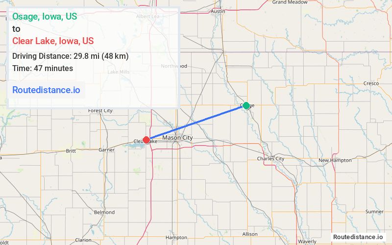 Route map from Osage to Clear Lake