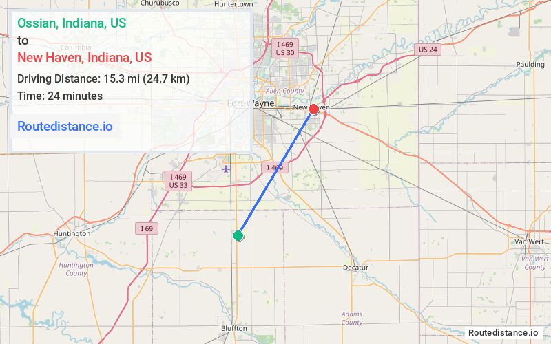 Route map from Ossian to New Haven