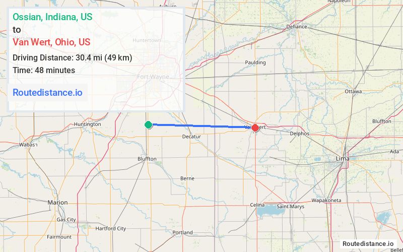 Route map from Ossian to Van Wert