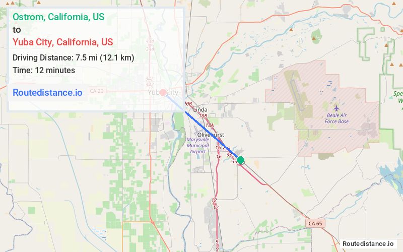 Route map from Ostrom to Yuba City