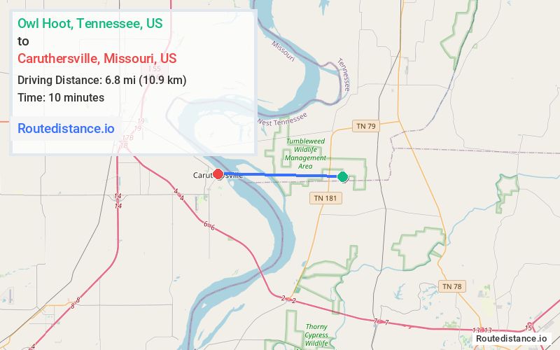 Route map from Owl Hoot to Caruthersville