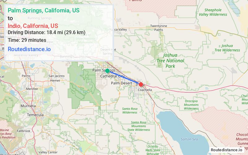 Route map from Palm Springs to Indio