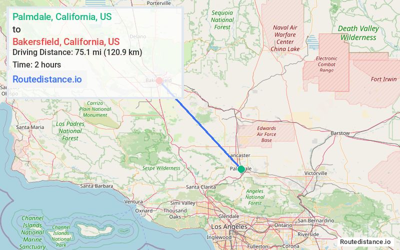 Route map from Palmdale to Bakersfield