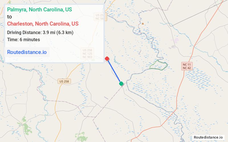 Route map from Palmyra to Charleston
