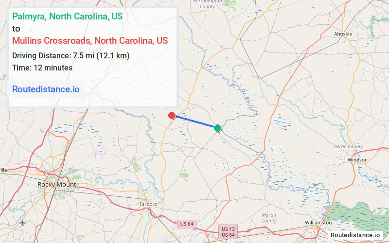 Route map from Palmyra to Mullins Crossroads