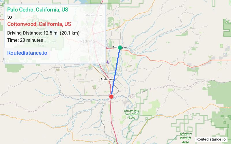 Route map from Palo Cedro to Cottonwood