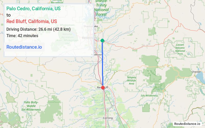 Route map from Palo Cedro to Red Bluff