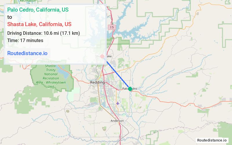 Route map from Palo Cedro to Shasta Lake
