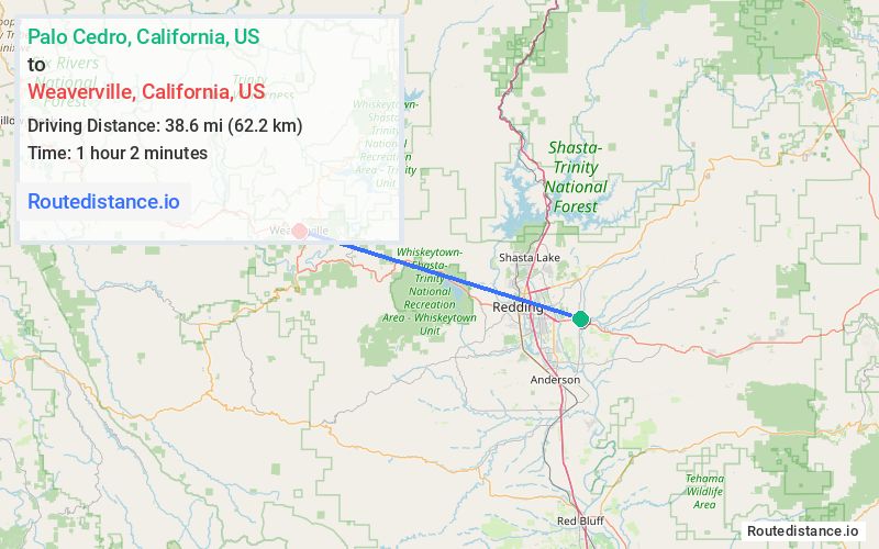 Route map from Palo Cedro to Weaverville
