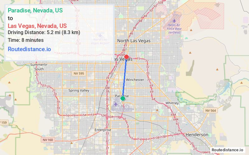 Route map from Paradise to Las Vegas