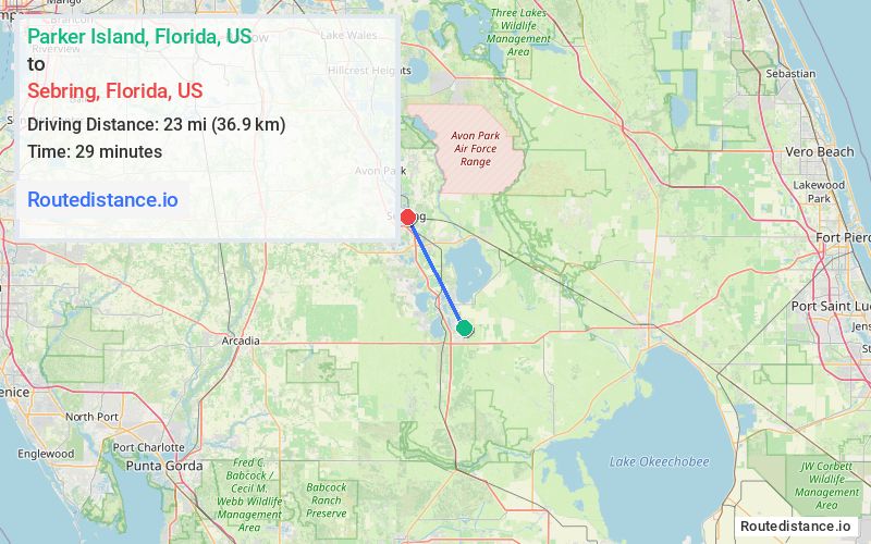 Route map from Parker Island to Sebring