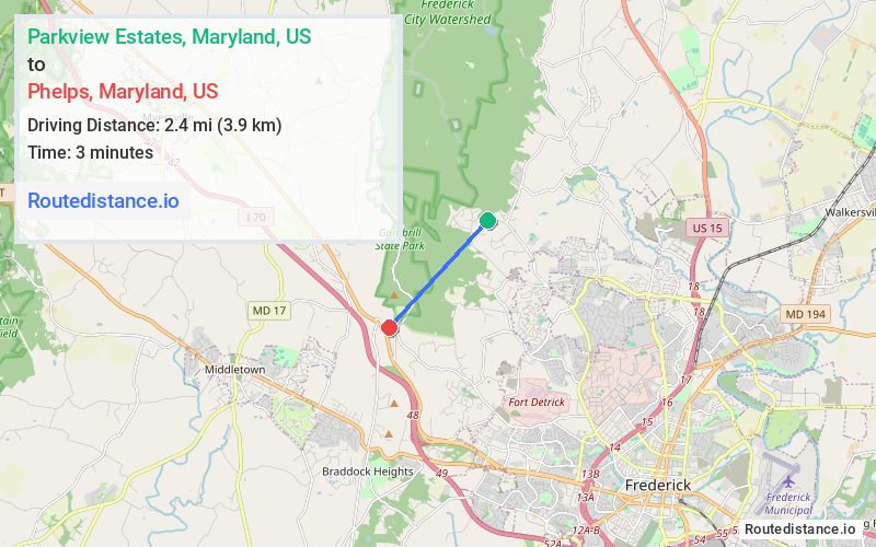 Route map from Parkview Estates to Phelps