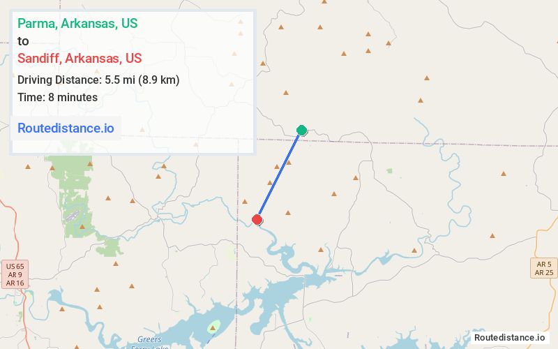 Route map from Parma to Sandiff