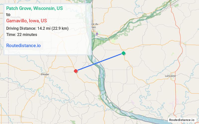 Route map from Patch Grove to Garnavillo