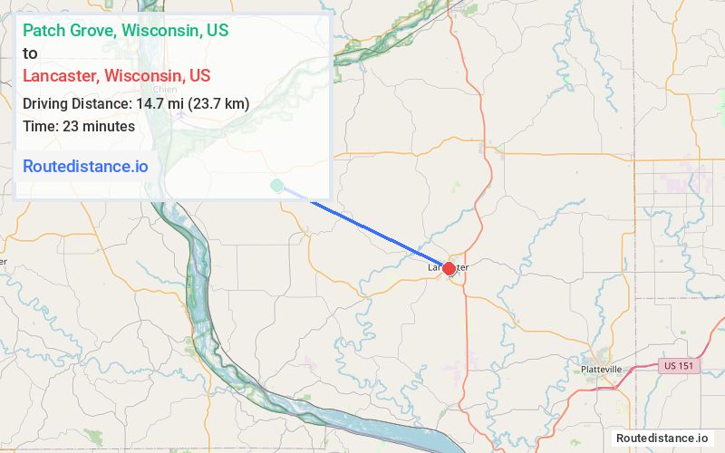 Route map from Patch Grove to Lancaster