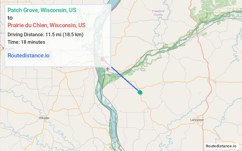 Route map from Patch Grove to Prairie du Chien