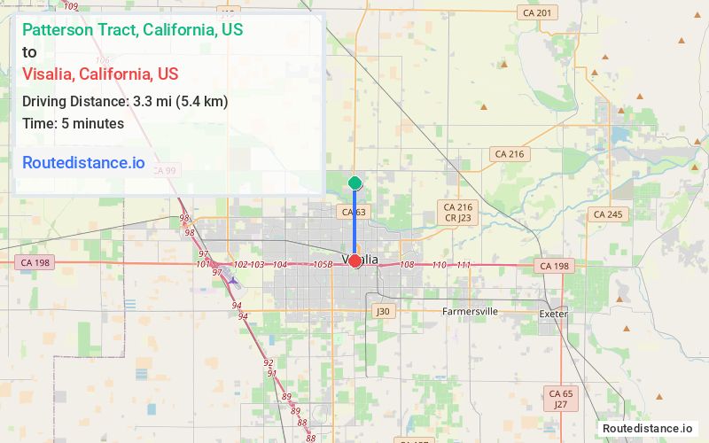 Route map from Patterson Tract to Visalia