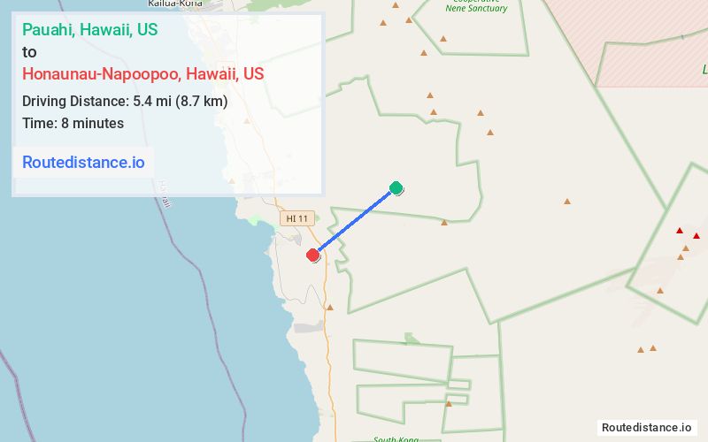 Route map from Pauahi to Honaunau-Napoopoo