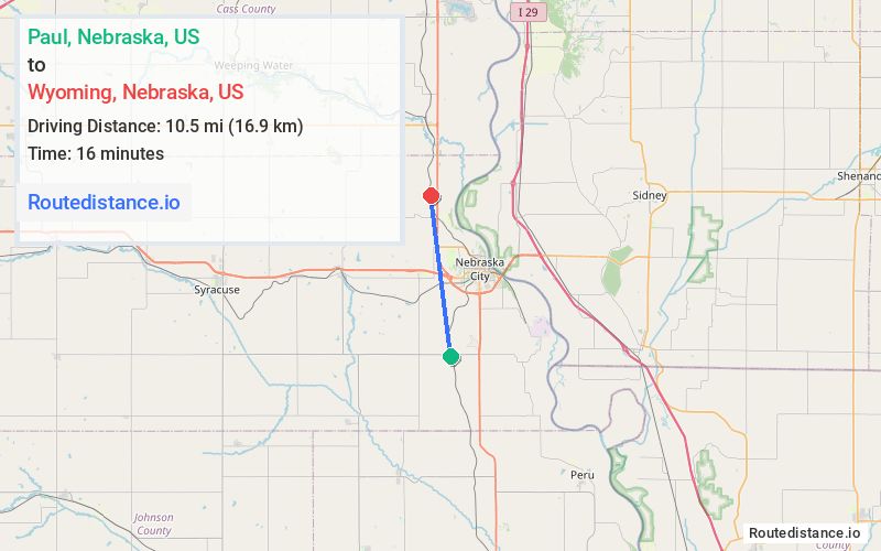 Route map from Paul to Wyoming