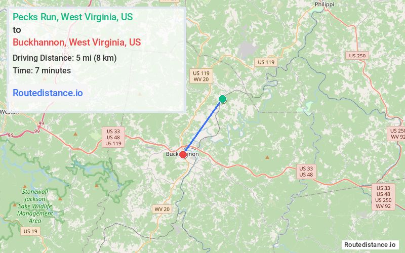 Distance from Pecks Run to Buckhannon