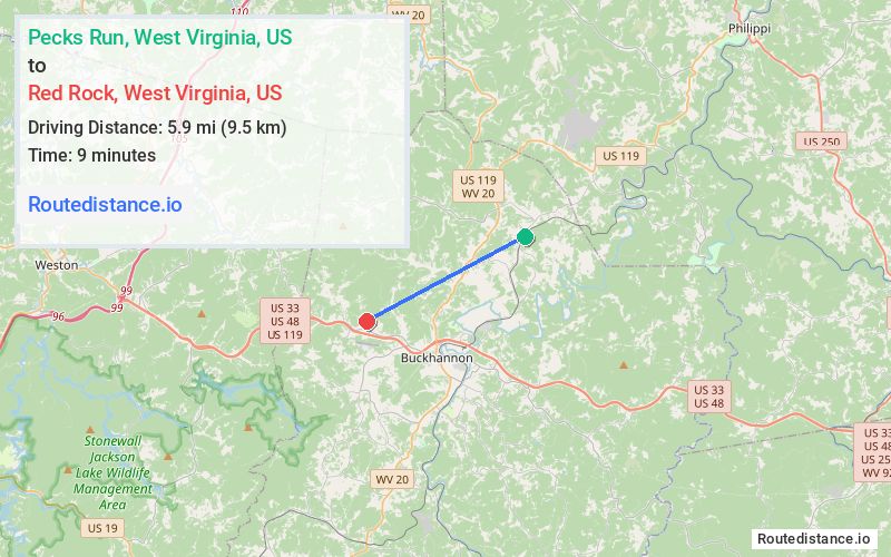 Route map from Pecks Run to Red Rock