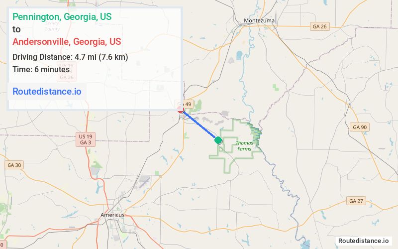 Route map from Pennington to Andersonville