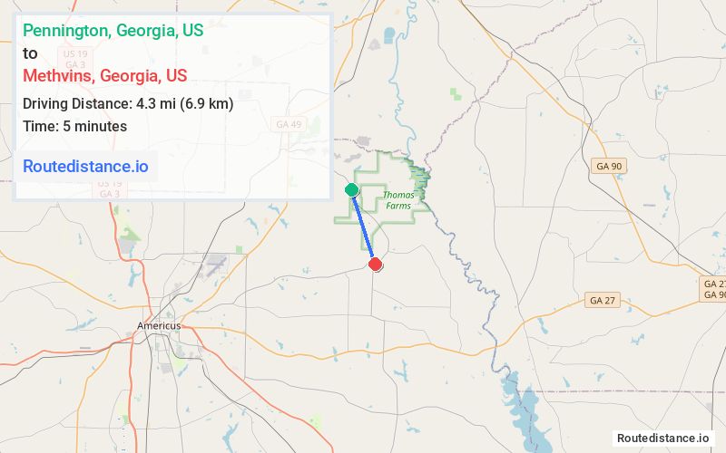 Route map from Pennington to Methvins