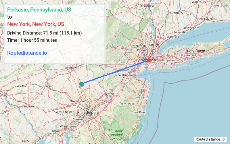 Route map from Perkasie to New York