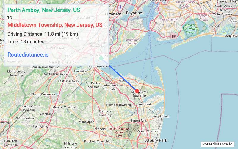 Route map from Perth Amboy to Middletown Township