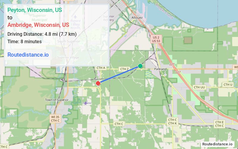 Route map from Peyton to Ambridge