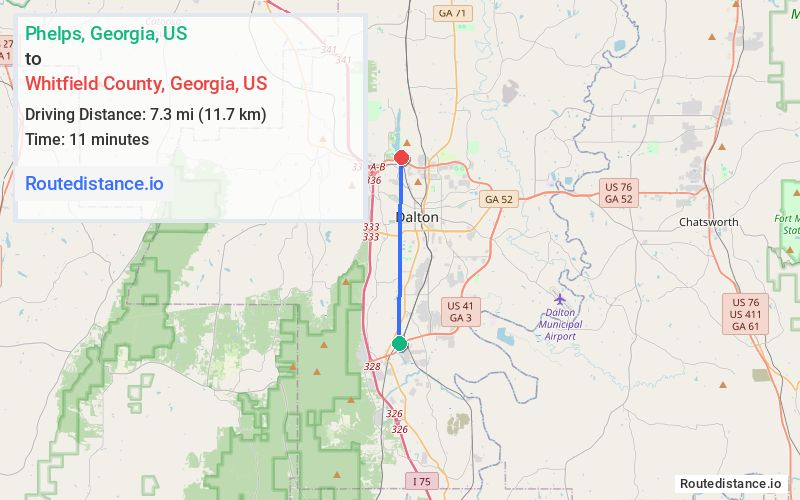 Route map from Phelps to Whitfield County