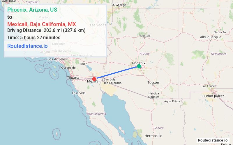 Route map from Phoenix to Mexicali
