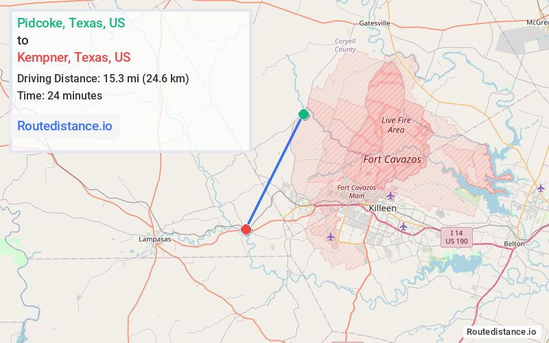 Route map from Pidcoke to Kempner