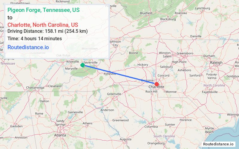 Route map from Pigeon Forge to Charlotte