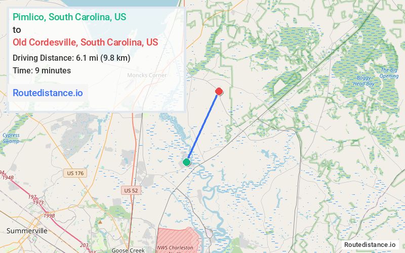 Route map from Pimlico to Old Cordesville