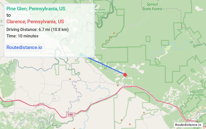 Route map from Pine Glen to Clarence