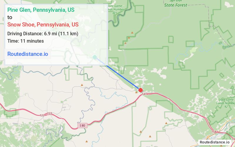 Route map from Pine Glen to Snow Shoe