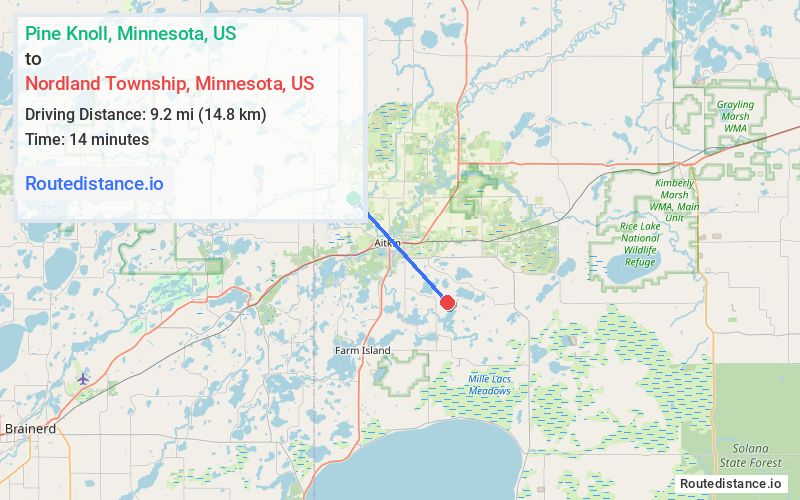 Route map from Pine Knoll to Nordland Township