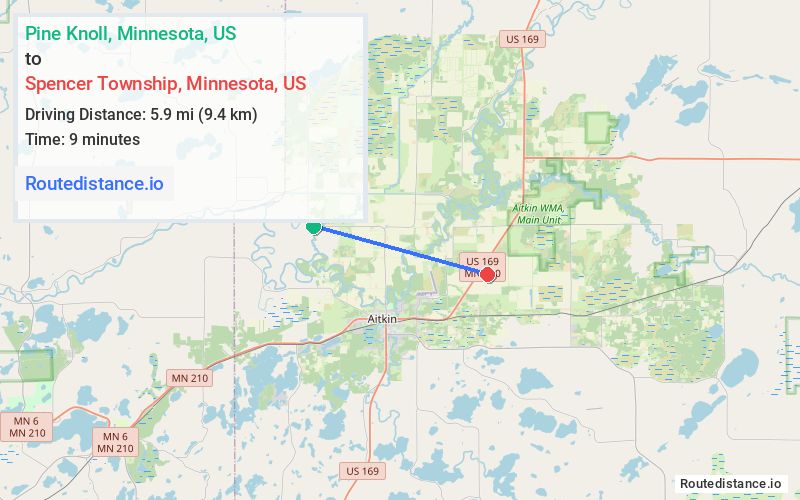 Route map from Pine Knoll to Spencer Township