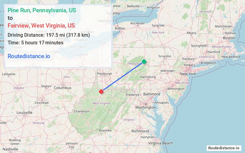 Route map from Pine Run to Fairview
