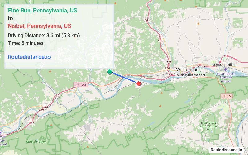 Route map from Pine Run to Nisbet