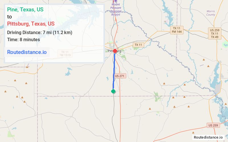 Route map from Pine to Pittsburg