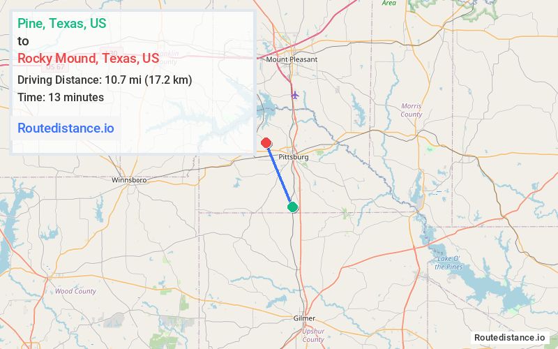 Route map from Pine to Rocky Mound