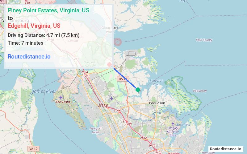 Route map from Piney Point Estates to Edgehill
