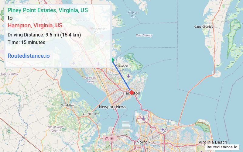 Route map from Piney Point Estates to Hampton