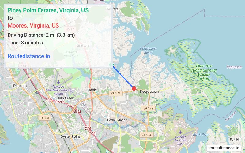 Distance from Piney Point Estates to Moores